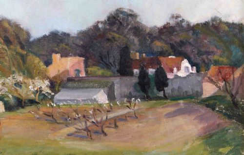 fig 6. An oil painting depicting a British rural landscape with a hillside, orchard trees, and cottages under a light sky.