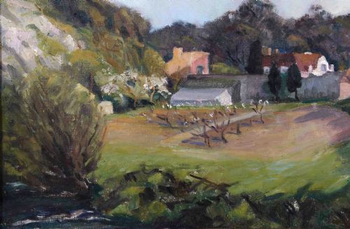 fig 7. An oil painting depicting a British rural landscape with a hillside, orchard trees, and cottages under a light sky.