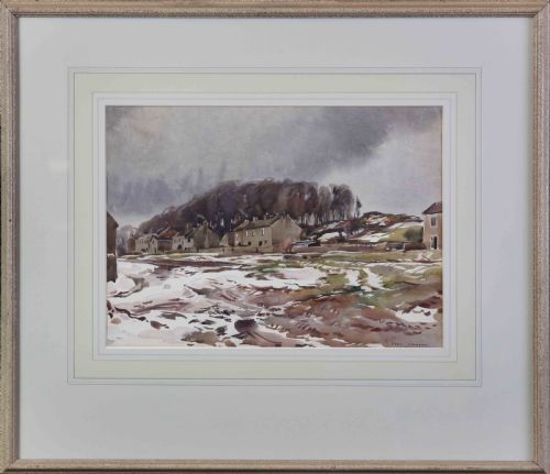 fig 1. A watercolour landscape depiction of stone cottages and bare trees beyond snow-covered ground under an overcast grey winter sky.
