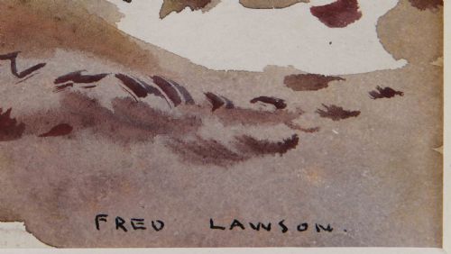 fig 2. A watercolour landscape depiction of stone cottages and bare trees beyond snow-covered ground under an overcast grey winter sky.