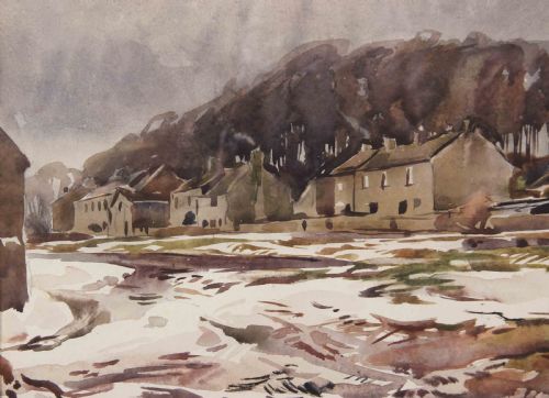 fig 3. A watercolour landscape depiction of stone cottages and bare trees beyond snow-covered ground under an overcast grey winter sky.