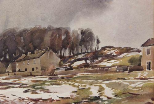 fig 4. A watercolour landscape depiction of stone cottages and bare trees beyond snow-covered ground under an overcast grey winter sky.