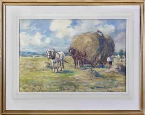 fig 1. A watercolour painting depicting two heavy draft horses pulling a large hay cart accompanied by farm workers under a cloudy sky.