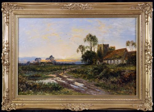 fig 1. An antique oil painting depicting an English countryside landscape at sunset with a parish church tower, track, and figures.