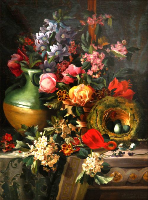 Henry Lane. "Flowers and Bird's Nest". Oil Still Life.