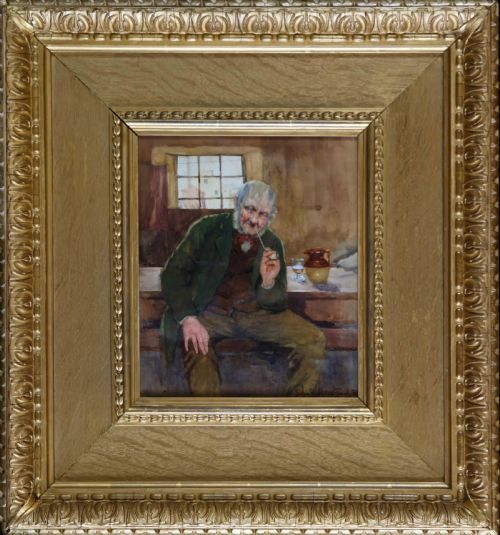 John R. Houston R.s.w. "Old Man in Scottish Inn". Interior Watercolour Painting.