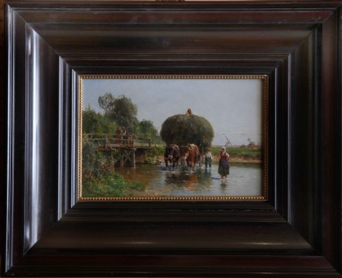 fig 1. An oil painting depicting a rural summer scene with oxen pulling a hay cart through a stream alongside figures on a wooden bridge.
