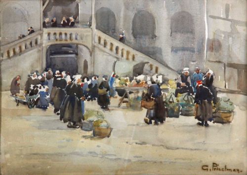 Gertrude Priestman. "Bruges Market". Watercolour.