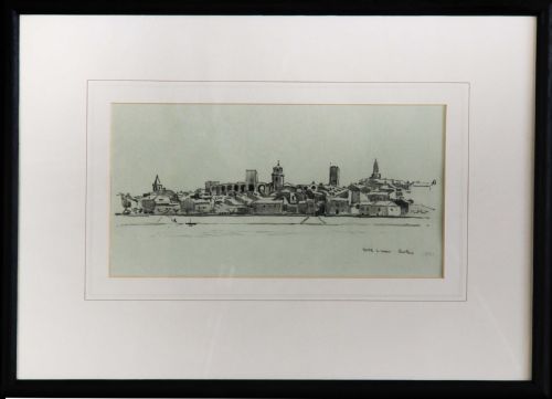 fig 1. A monochrome pencil drawing depicting the panoramic skyline and architectural features of Arles across a riverbank, signed and dated 1921 by Fred Lawson.