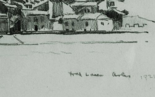 fig 2. A monochrome pencil drawing depicting the panoramic skyline and architectural features of Arles across a riverbank, signed and dated 1921 by Fred Lawson.