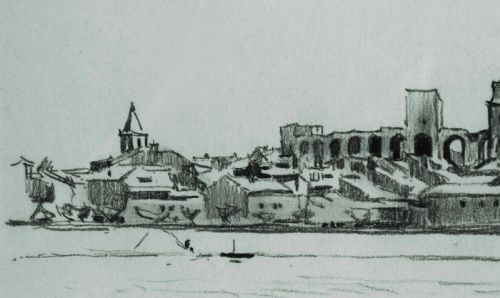 fig 3. A monochrome pencil drawing depicting the panoramic skyline and architectural features of Arles across a riverbank, signed and dated 1921 by Fred Lawson.