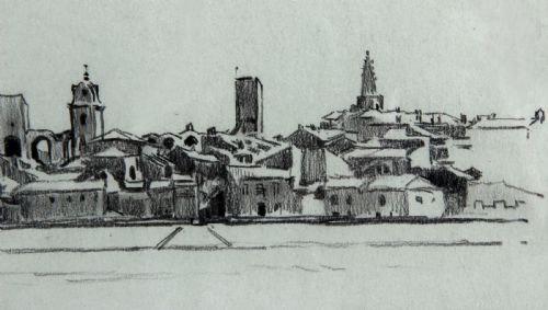 fig 4. A monochrome pencil drawing depicting the panoramic skyline and architectural features of Arles across a riverbank, signed and dated 1921 by Fred Lawson.