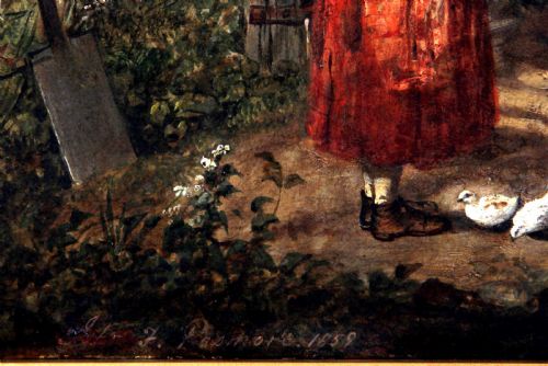 fig 2. A 19th-century oil painting depicting a rural cottage entrance with a mother holding a child, a girl feeding chickens, a cat, and foliage surrounding the brick doorway.