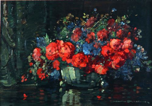 Kershaw Schofield. "Still Life of Mixed Flowers". Oil Painting.