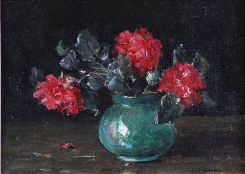 fig 1. A framed oil painting depicting deep red roses arranged in a green ceramic vase against a dark background, set within an ornate gilt swept frame.