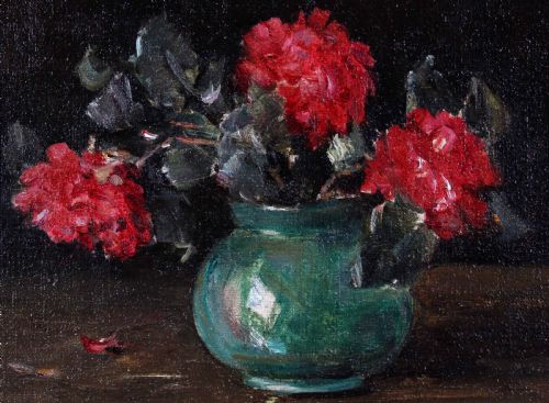 fig 3. A framed oil painting depicting deep red roses arranged in a green ceramic vase against a dark background, set within an ornate gilt swept frame.