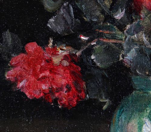fig 4. A framed oil painting depicting deep red roses arranged in a green ceramic vase against a dark background, set within an ornate gilt swept frame.