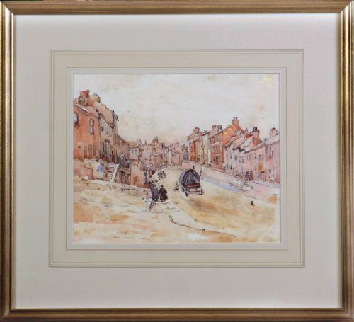 fig 1. A watercolour painting by Fred Lawson depicting a sloped street scene in Knaresborough with terracotta brick buildings, pedestrians, and a horse-drawn cart.