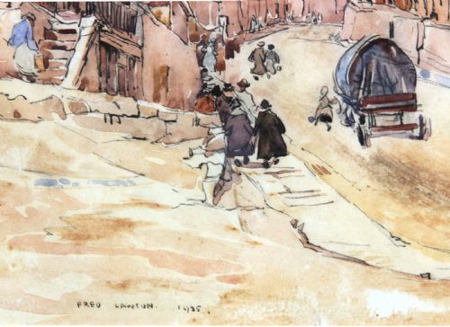 fig 2. A watercolour painting by Fred Lawson depicting a sloped street scene in Knaresborough with terracotta brick buildings, pedestrians, and a horse-drawn cart.