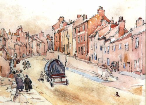 fig 3. A watercolour painting by Fred Lawson depicting a sloped street scene in Knaresborough with terracotta brick buildings, pedestrians, and a horse-drawn cart.