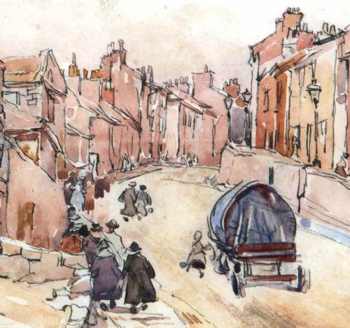 fig 4. A watercolour painting by Fred Lawson depicting a sloped street scene in Knaresborough with terracotta brick buildings, pedestrians, and a horse-drawn cart.