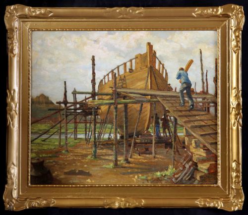 fig 1. An oil painting depicting figures constructing a wooden ship hull supported by timber scaffolding under a pale cloudy sky.
