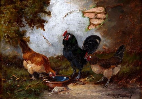 E.s. England. "Farmyard Hens". Farm Animal Oil Painting.