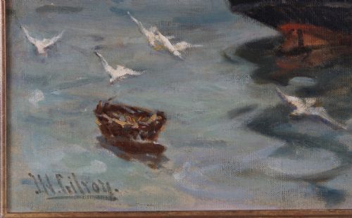 JOHN W GILROY NORTH SHIELDS HARBOUR MARINE OIL PAINTING - ADDITIONAL PHOTO 2