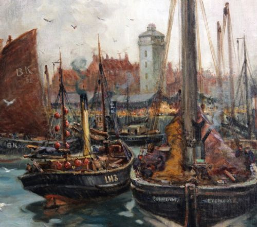 JOHN W GILROY NORTH SHIELDS HARBOUR MARINE OIL PAINTING - ADDITIONAL PHOTO 3