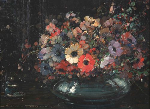 fig 1. An impressionistic oil painting depicting a colourful arrangement of anemone flowers in a dark vase, presented inside an ornate carved gilded frame.