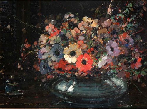 fig 2. An impressionistic oil painting depicting a colourful arrangement of anemone flowers in a dark vase, presented inside an ornate carved gilded frame.