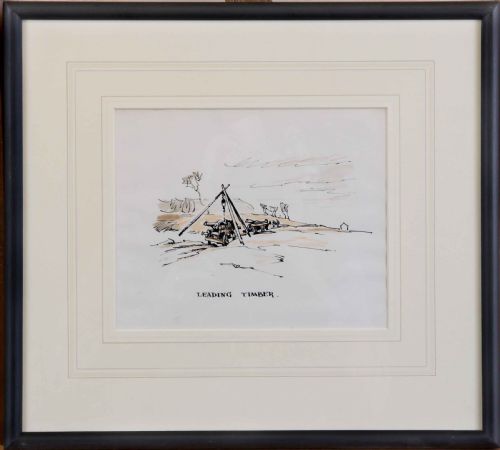 fig 1. An ink and sepia watercolour sketch titled Leading Timber, depicting workers with horses and a tripod hoist in a rural landscape.