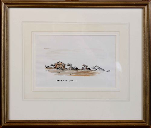 fig 1. A pen and watercolour landscape drawing titled Near The Sea, depicting cattle and figures near a small building on a windswept coast.