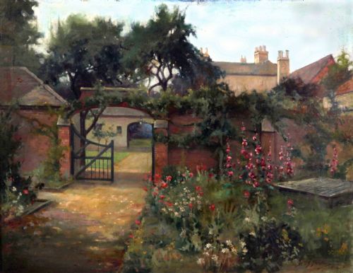 fig 1. A large landscape oil painting depicting an open garden gate set in a red brick wall leading to a country house, rendered in soft green, pink, and earthy tones within a carved gilded frame.