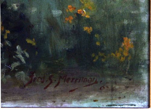 fig 2. A large landscape oil painting depicting an open garden gate set in a red brick wall leading to a country house, rendered in soft green, pink, and earthy tones within a carved gilded frame.