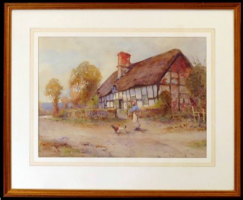 fig 1. A watercolour painting depicting a figure feeding chickens on a dirt path beside a thatched timber-framed cottage.