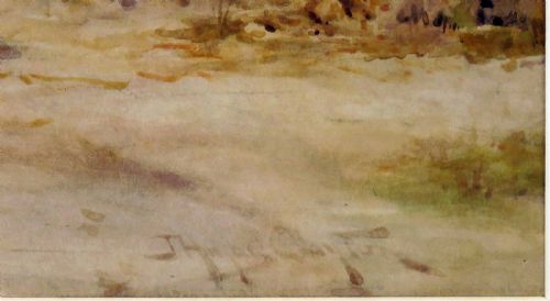 fig 2. A watercolour painting depicting a figure feeding chickens on a dirt path beside a thatched timber-framed cottage.