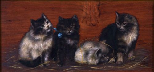 fig 1. A horizontal oil painting depicting four fluffy kittens resting on straw against a wooden background, set within a heavily carved gilt frame.