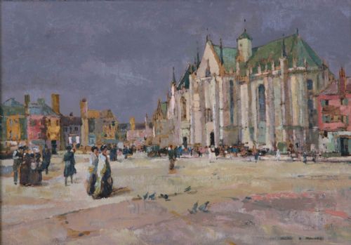 fig 1. An oil painting depicting a bustling French cathedral square with figures, set inside a heavy fluted gilt frame.