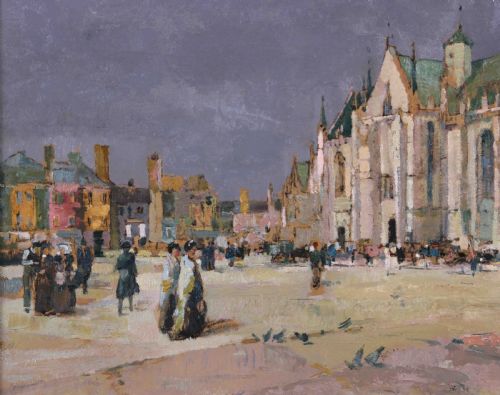 fig 2. An oil painting depicting a bustling French cathedral square with figures, set inside a heavy fluted gilt frame.
