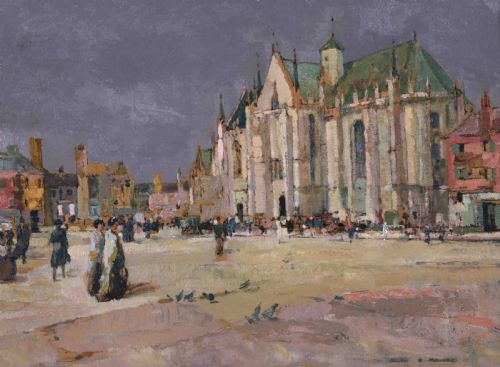fig 3. An oil painting depicting a bustling French cathedral square with figures, set inside a heavy fluted gilt frame.