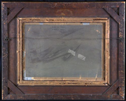 fig 5. An oil painting depicting a bustling French cathedral square with figures, set inside a heavy fluted gilt frame.