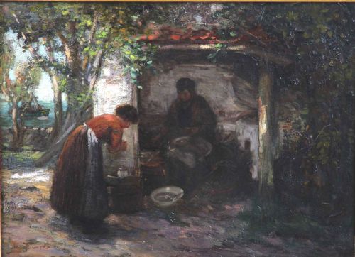 fig 1. An antique oil painting depicting Scottish fisher folk outside a coastal dwelling, framed in an ornate carved gold gilt wood frame.