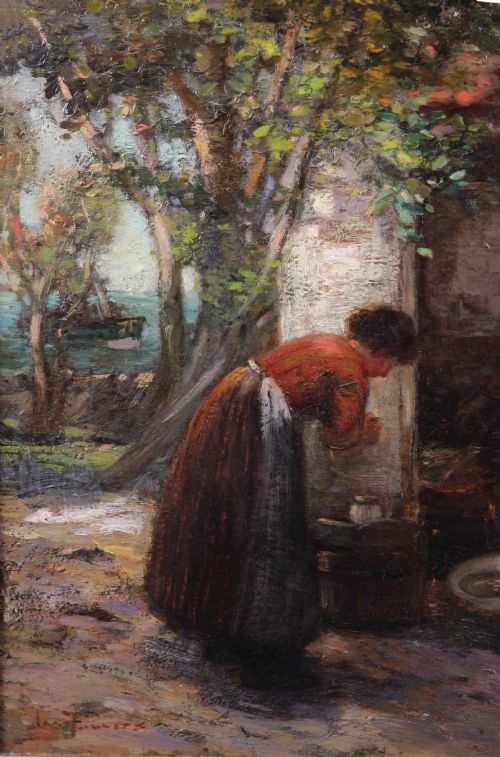 fig 2. An antique oil painting depicting Scottish fisher folk outside a coastal dwelling, framed in an ornate carved gold gilt wood frame.