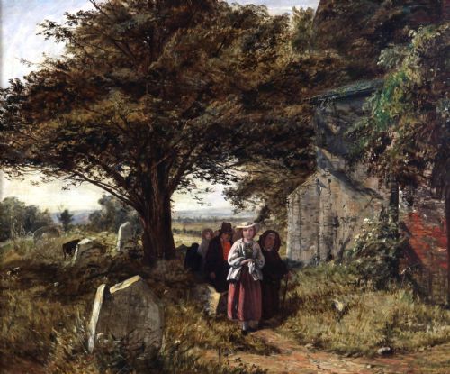 fig 1. A large Victorian oil painting depicting rural figures walking along a path past a churchyard framed in an elaborate gilt frame.
