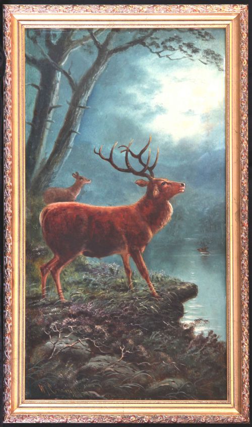fig 1. An antique oil painting depicting a red deer stag standing on a heather knoll beside a river under a moonlit sky.
