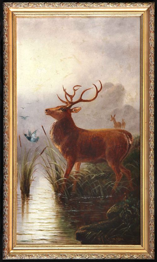 fig 1. An antique oil painting depicting a stag with prominent antlers standing in a misty wetland landscape beside flying waterfowl and distant deer.