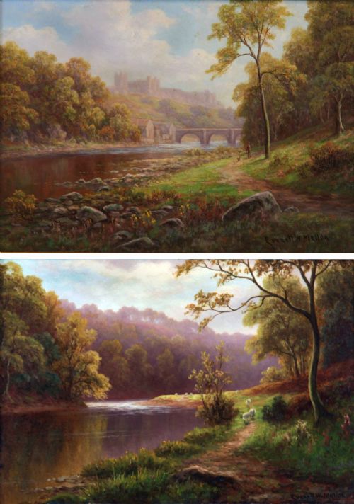Everett W. Mellor. "On the Nidd" & "Richmond Castle". Pair of Oil Painting Landscapes.