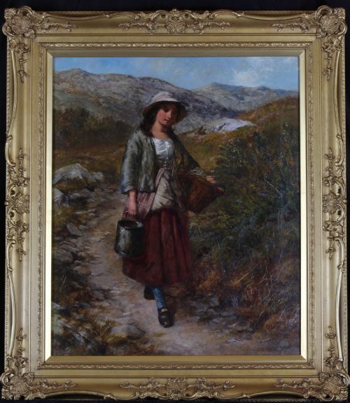 fig 1. An oil painting depicting a young woman carrying a bucket and basket along a rocky hillside path.