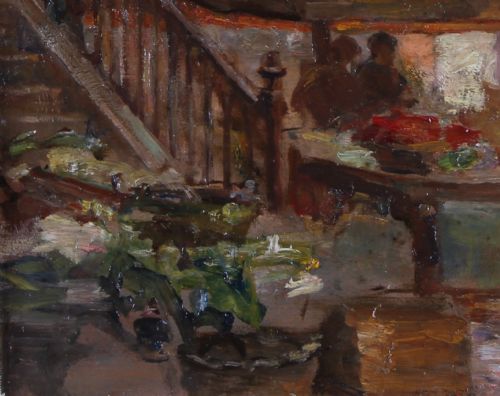 fig 2. An impressionist oil painting depicting a Belgian outdoor market scene with stalls, figures, and architectural elements rendered in warm earth tones.